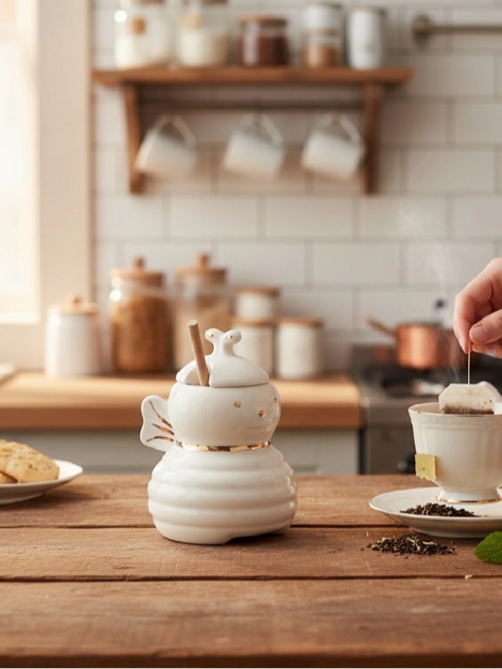 Ceramic Bee Honey Pot with Spoon - White & Gold